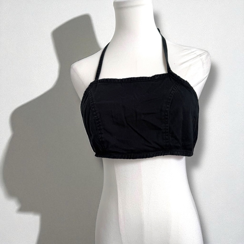 Vintage Y2K Black Denim Halter Crop Top – 90s/2000s Minimalist Streetwear S